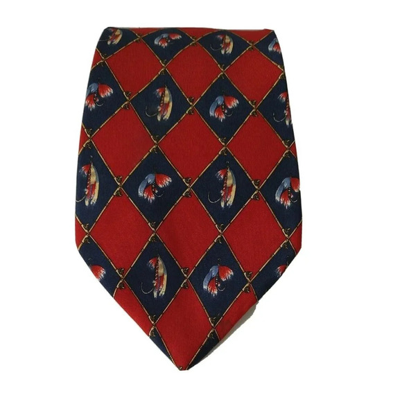 Tommy Hilfiger Red Blue Silk Tie Necktie Men Fishing Lure 58 in Long x 4 in Wide - Picture 1 of 11